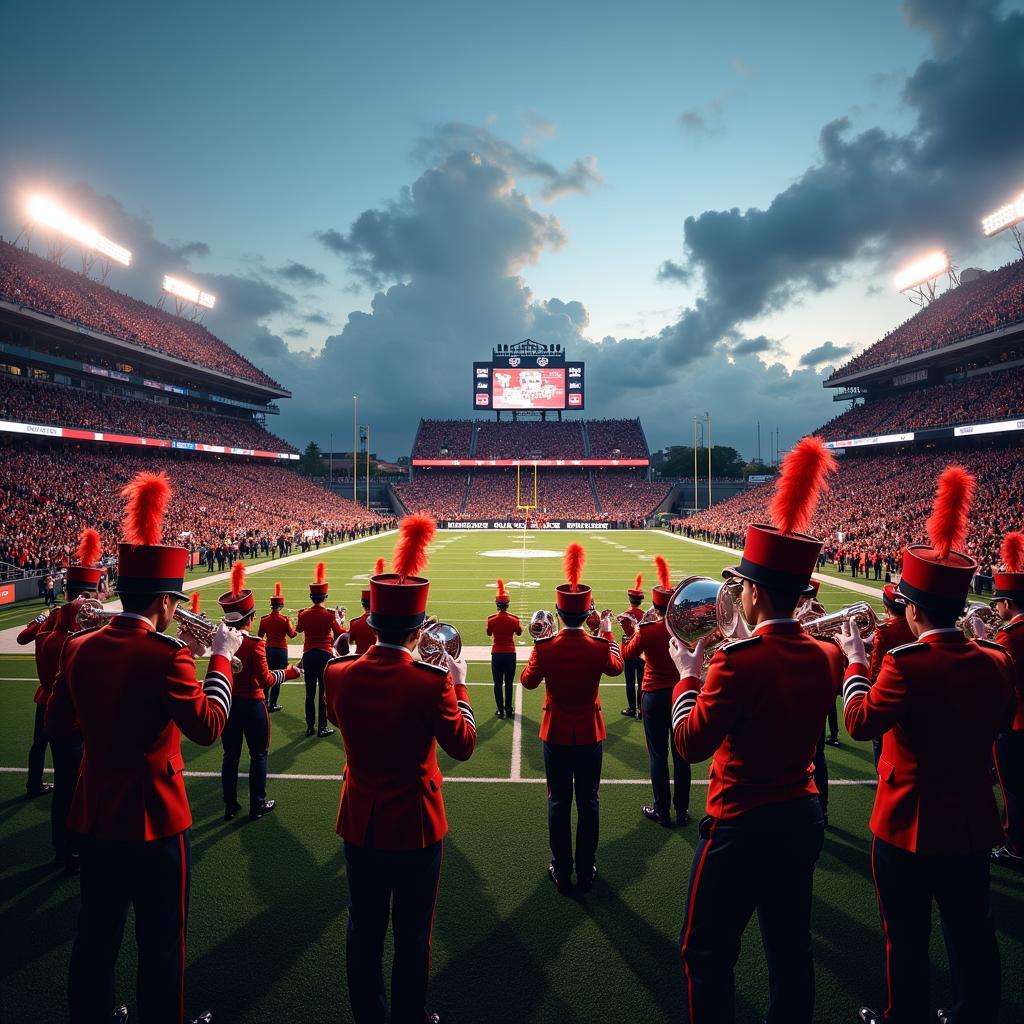 A marching band playing modern hits at a football game