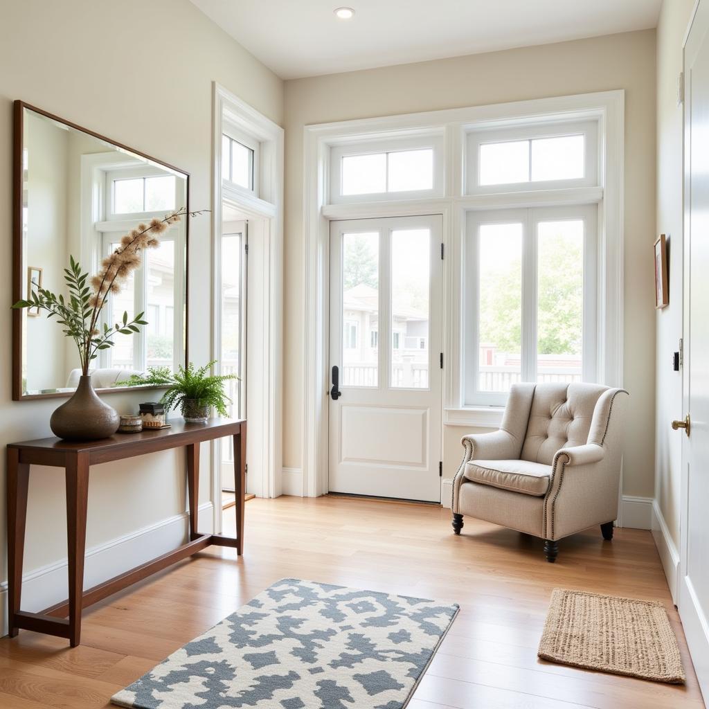 Modern living room featuring a stylish mirror and a welcoming mat