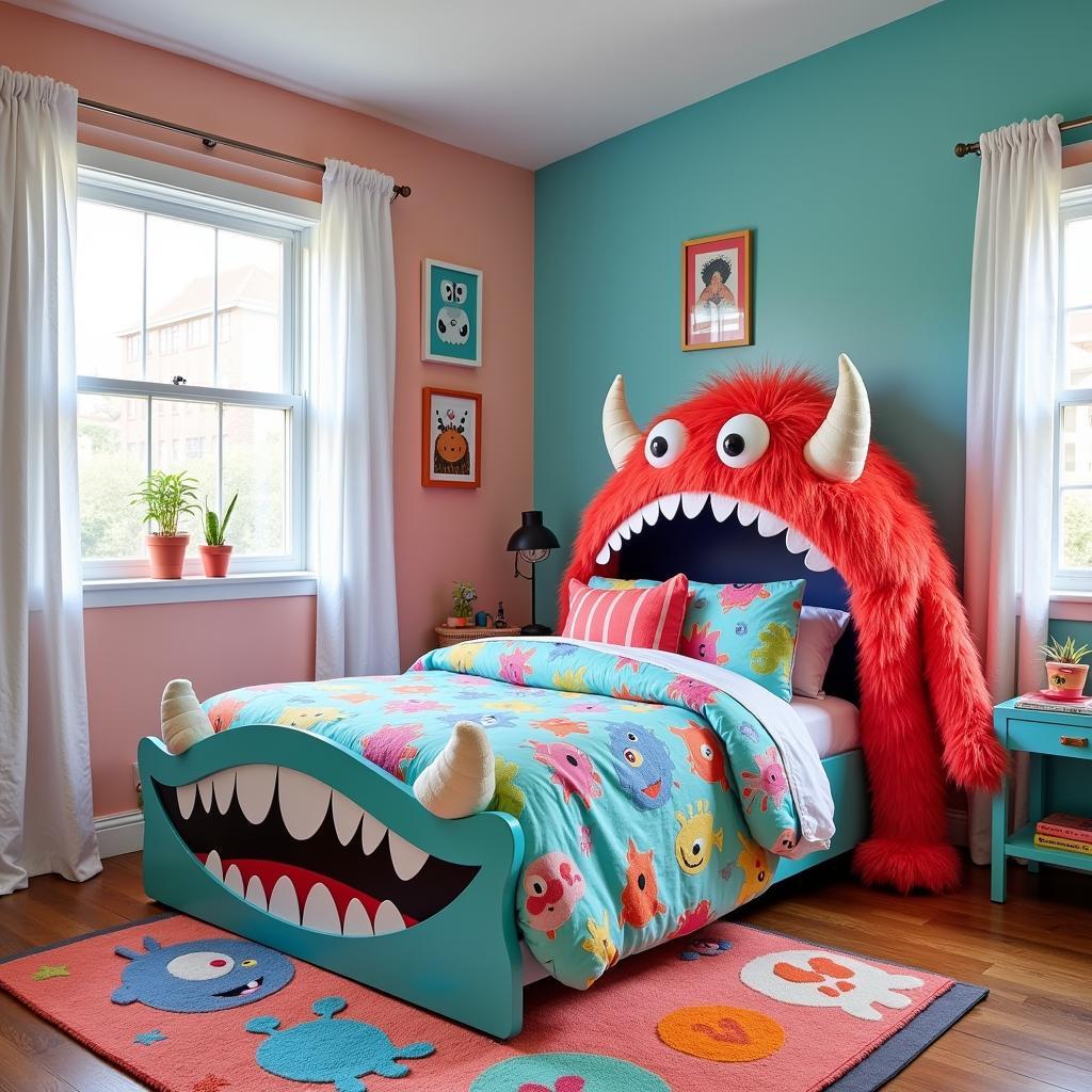 A colorful and imaginative monster-themed bed in a child's room