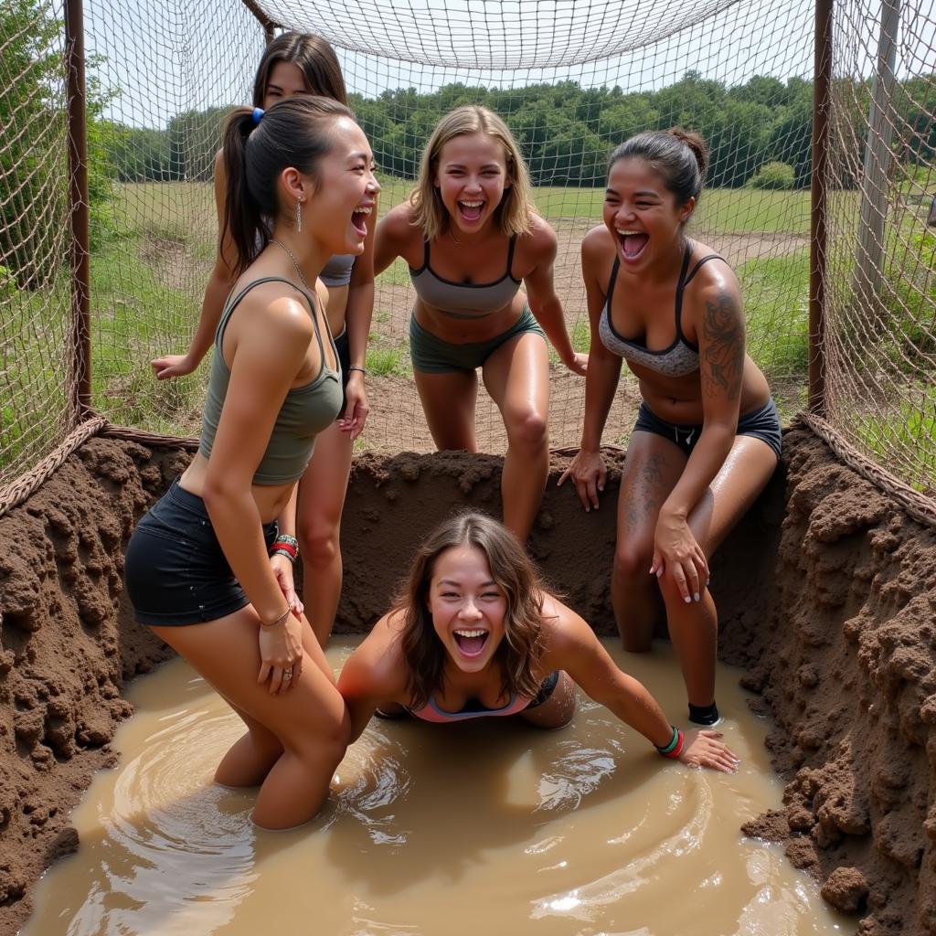 Friends Navigating a Mud Obstacle Course