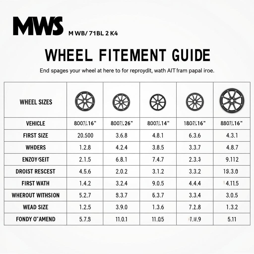 Example of a MWS wheel fitment guide showing different wheel sizes and their corresponding vehicle compatibility.