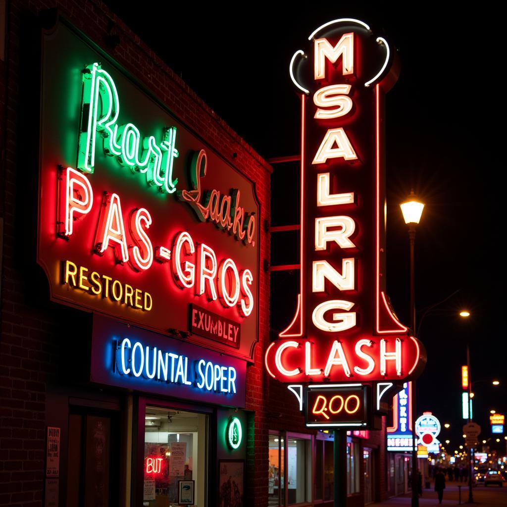 Neon signs illuminating the night sky in a park setting