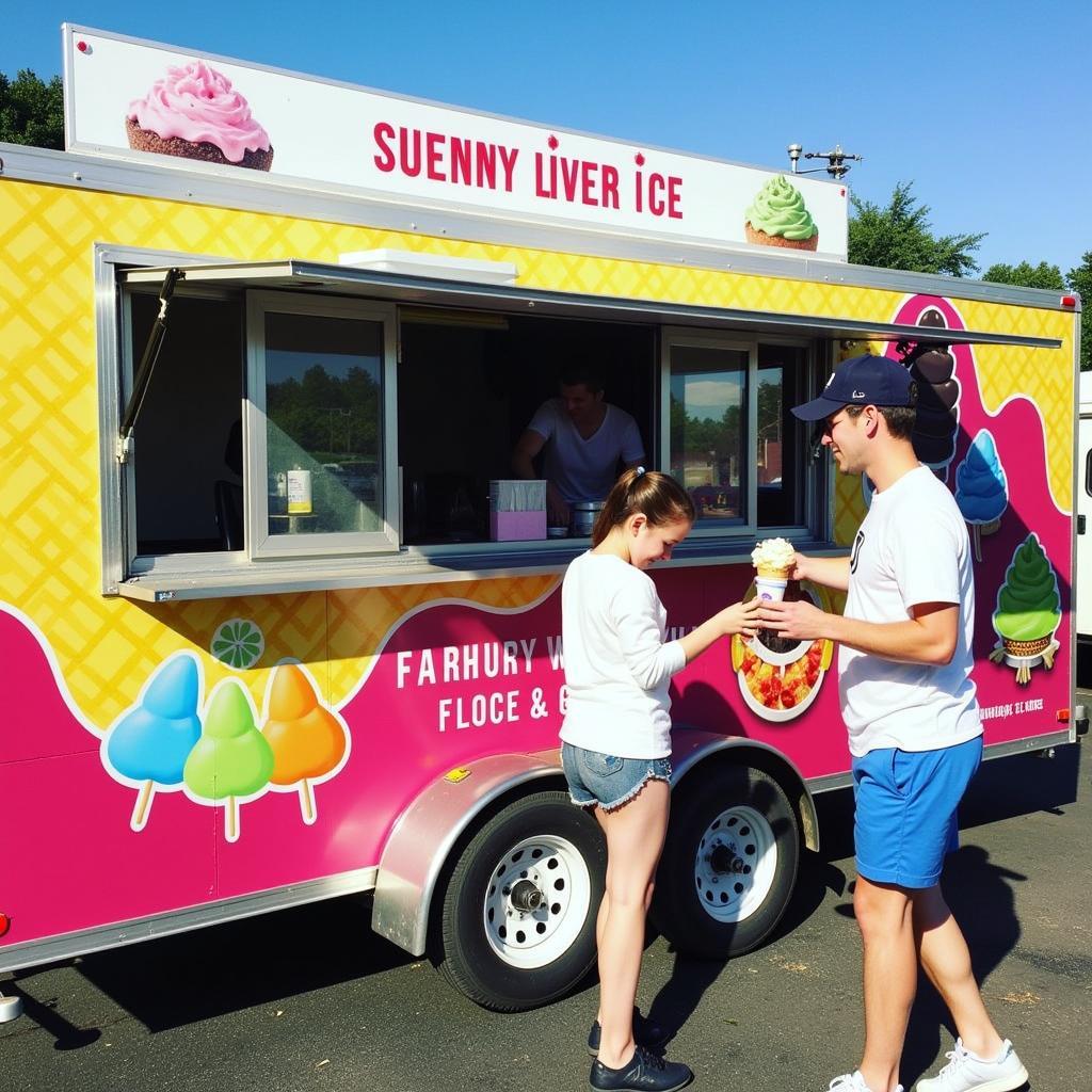 New shaved ice trailer exterior with colorful graphics and a serving window.