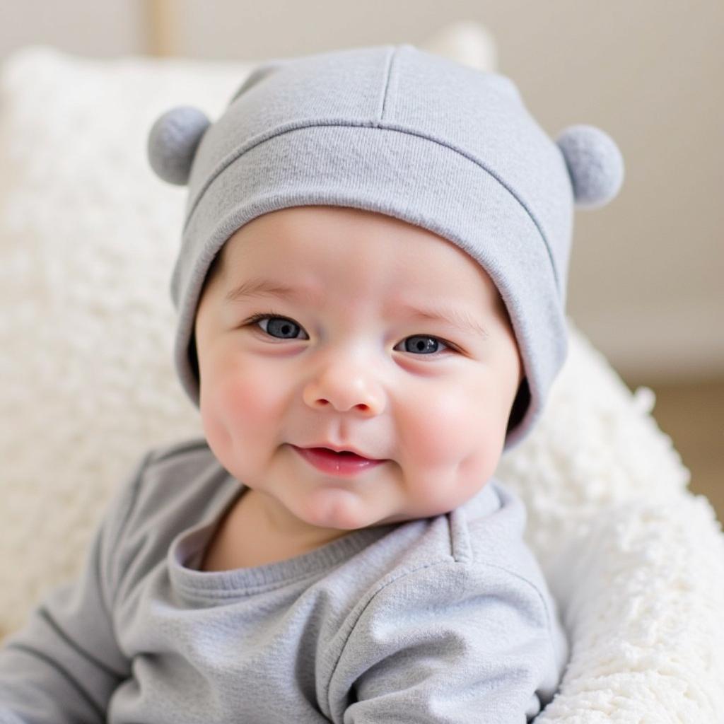 Baby wearing a gray newborn cabbie hat with a matching outfit.