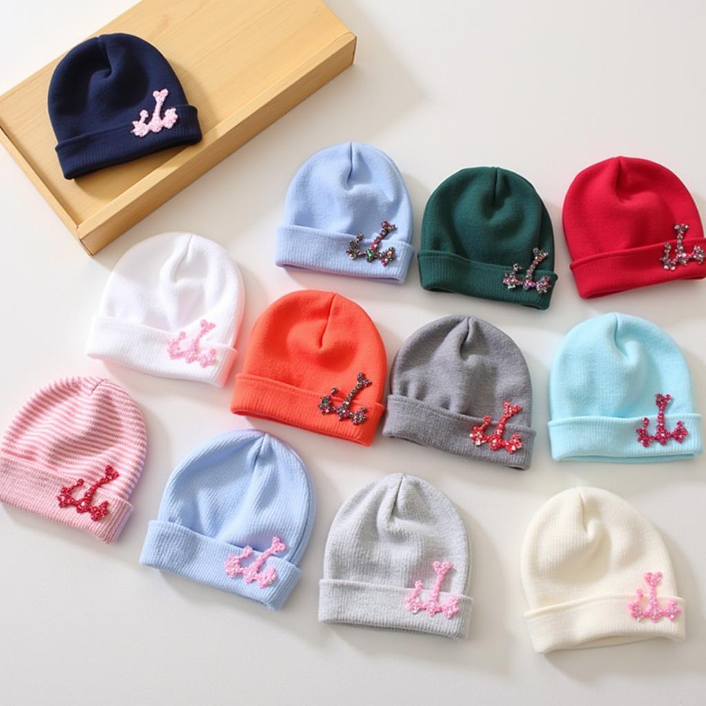 Variety of newborn cabbie hats displayed in different colors and styles.