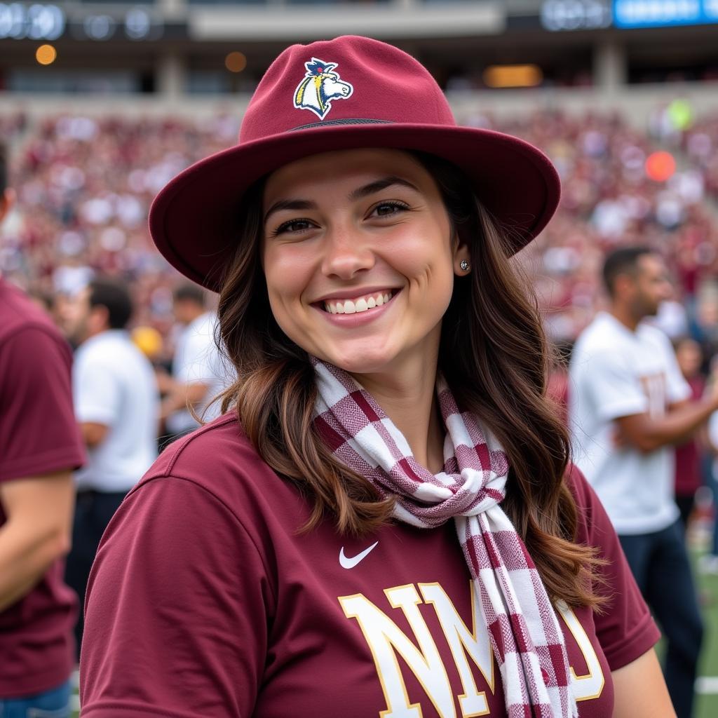 An NMSU fan proudly wears their Aggie gear, showcasing their school spirit.