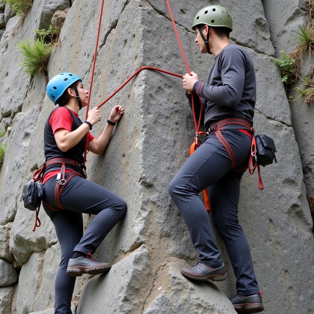 Rock climbers ascending a challenging cliff face.