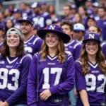 Fans wearing various Northwestern Wildcats apparel at a game