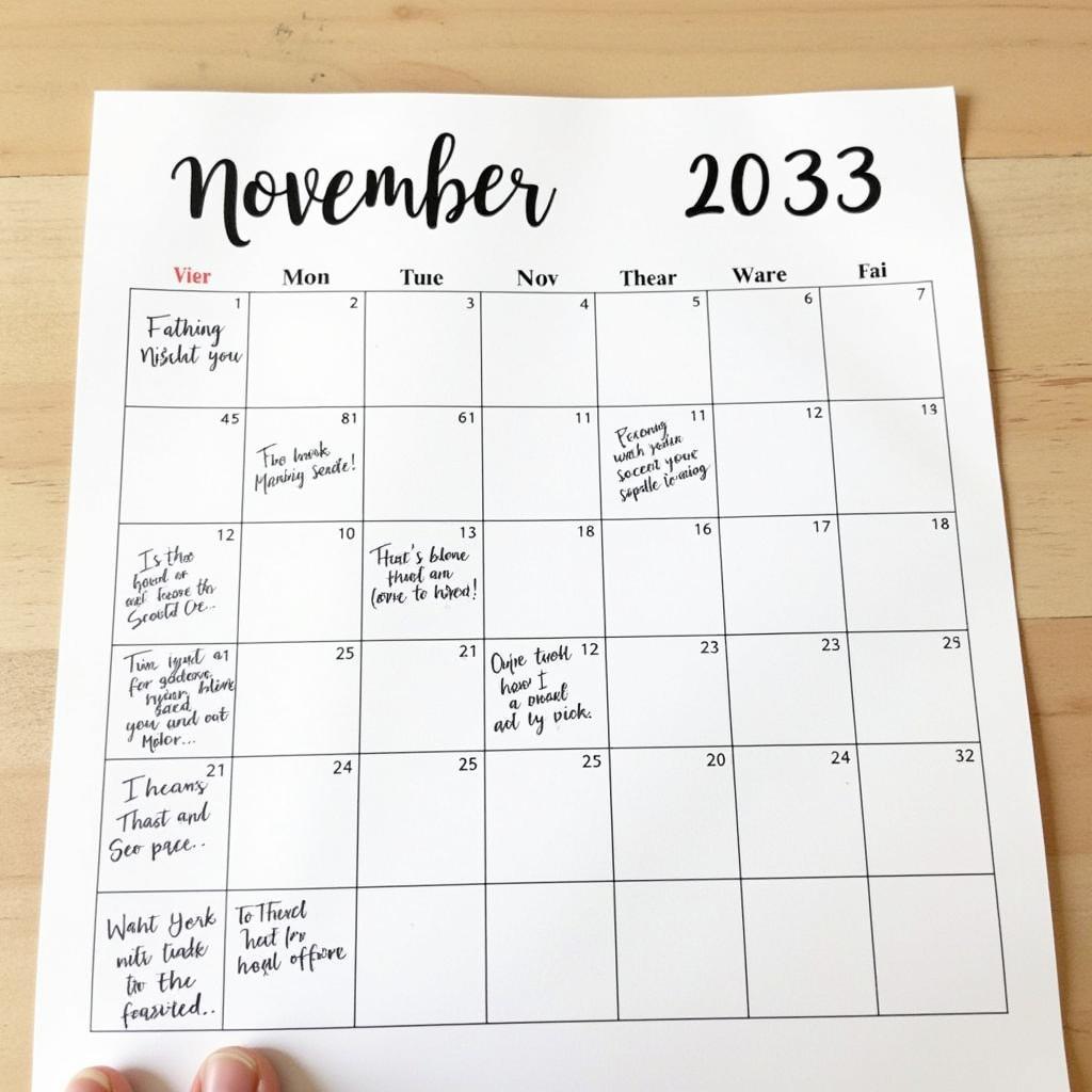 Printed Version of November 2033 Calendar