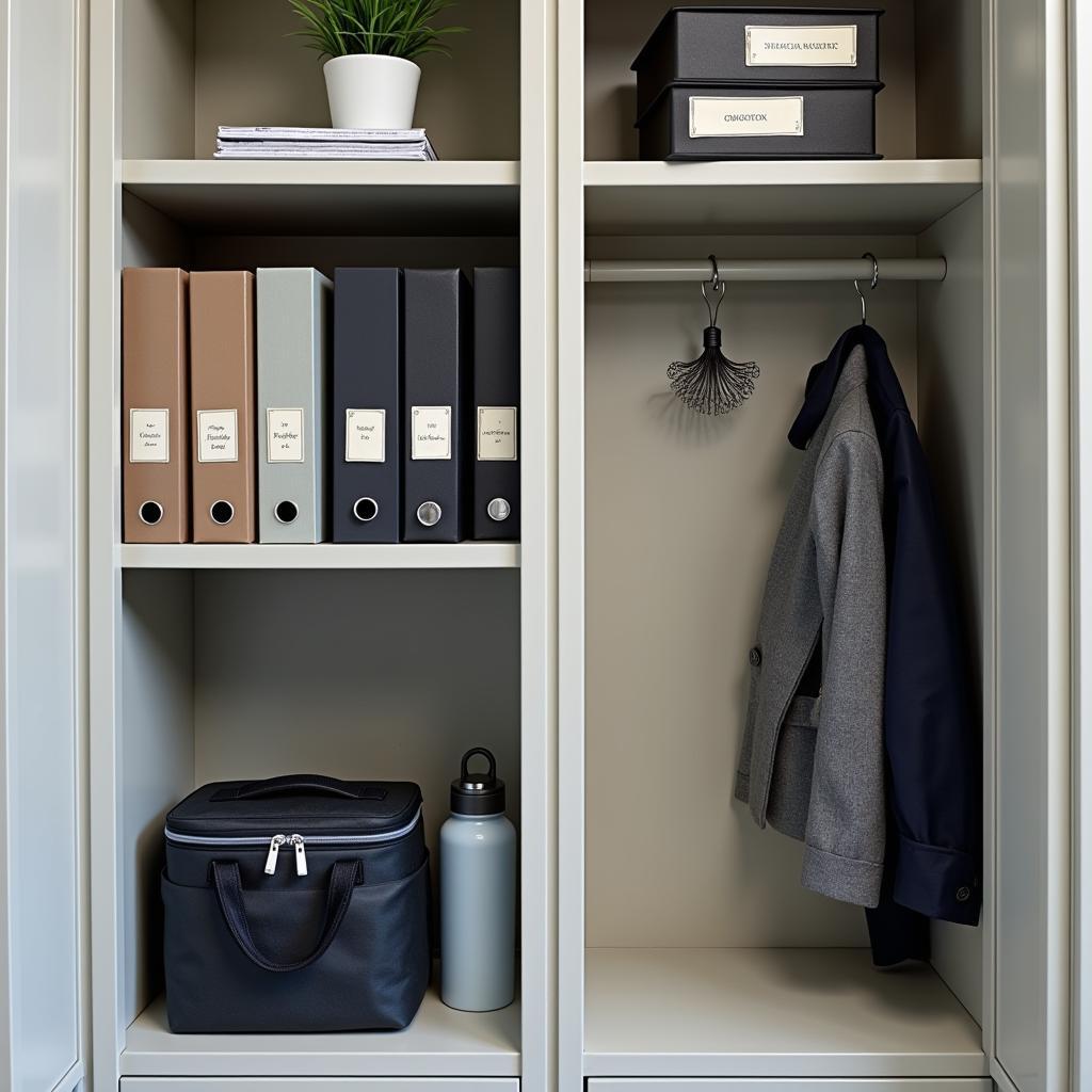 Organized Office Locker with Documents and Personal Items