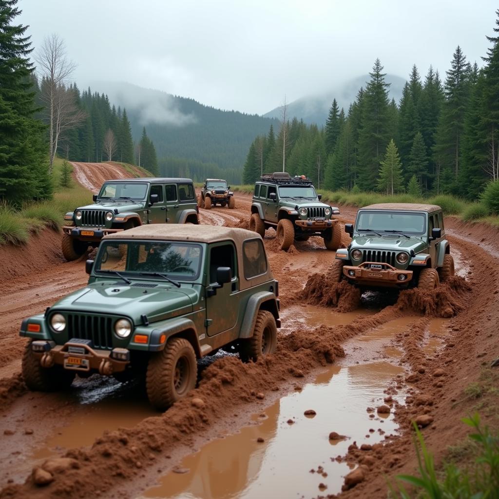 Offroad vehicles navigating a muddy terrain