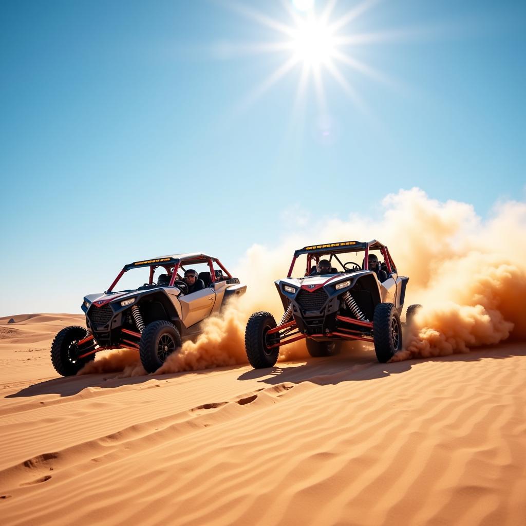 Two offroad vehicles racing through a desert landscape