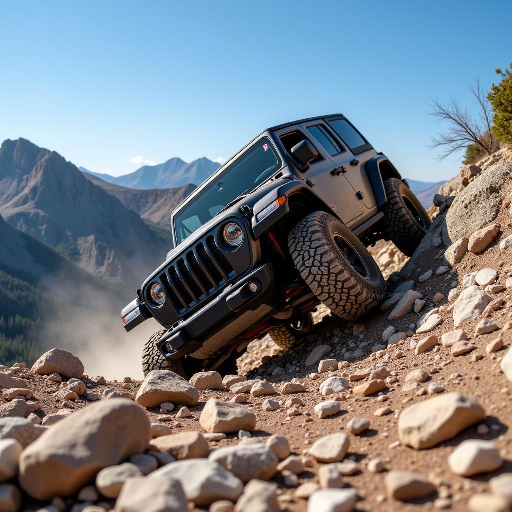 Offroad vehicle climbing a rocky hill