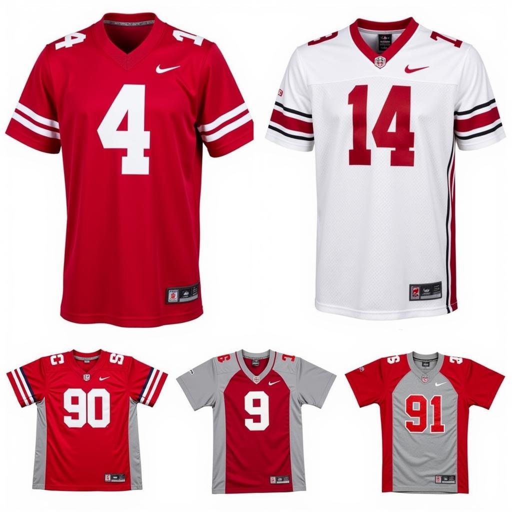 Different styles of authentic Ohio State Buckeyes jerseys, including home, away, and throwback options.