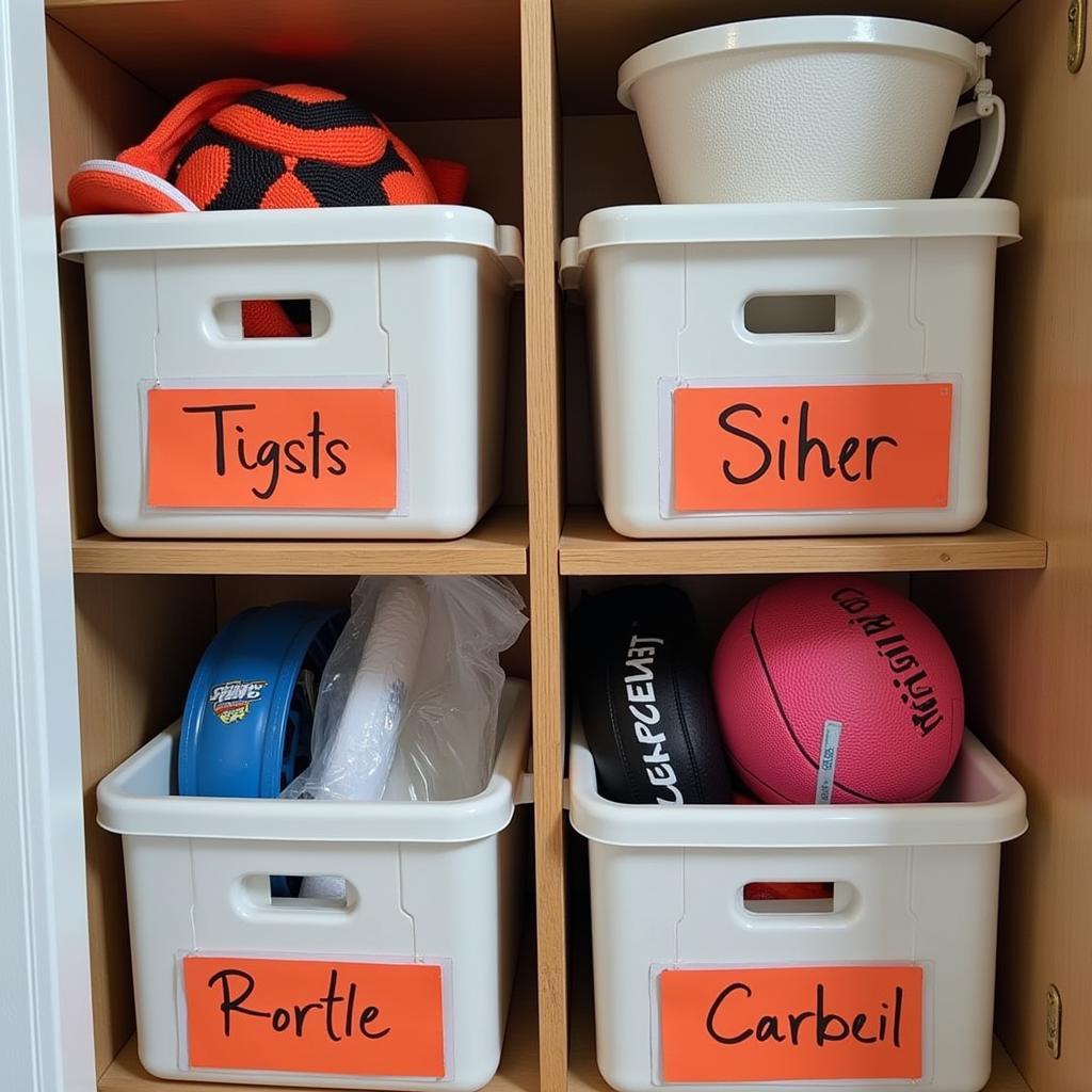 Well-organized sports equipment bin with labels and compartments