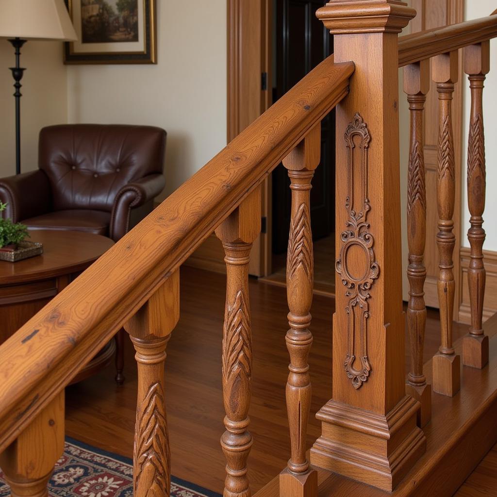 Ornate wooden stairrail in a traditional home