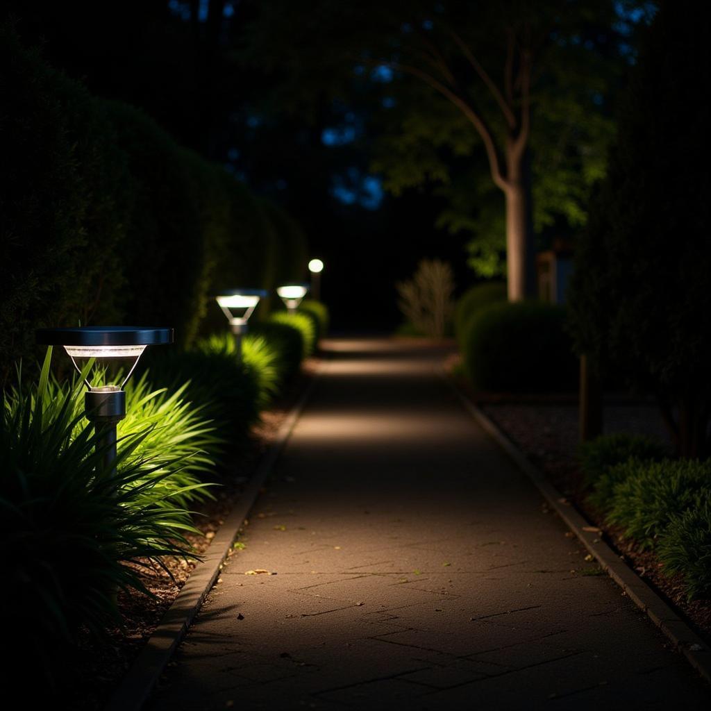 Outdoor Disc Lights Illuminating a Garden Pathway at Night