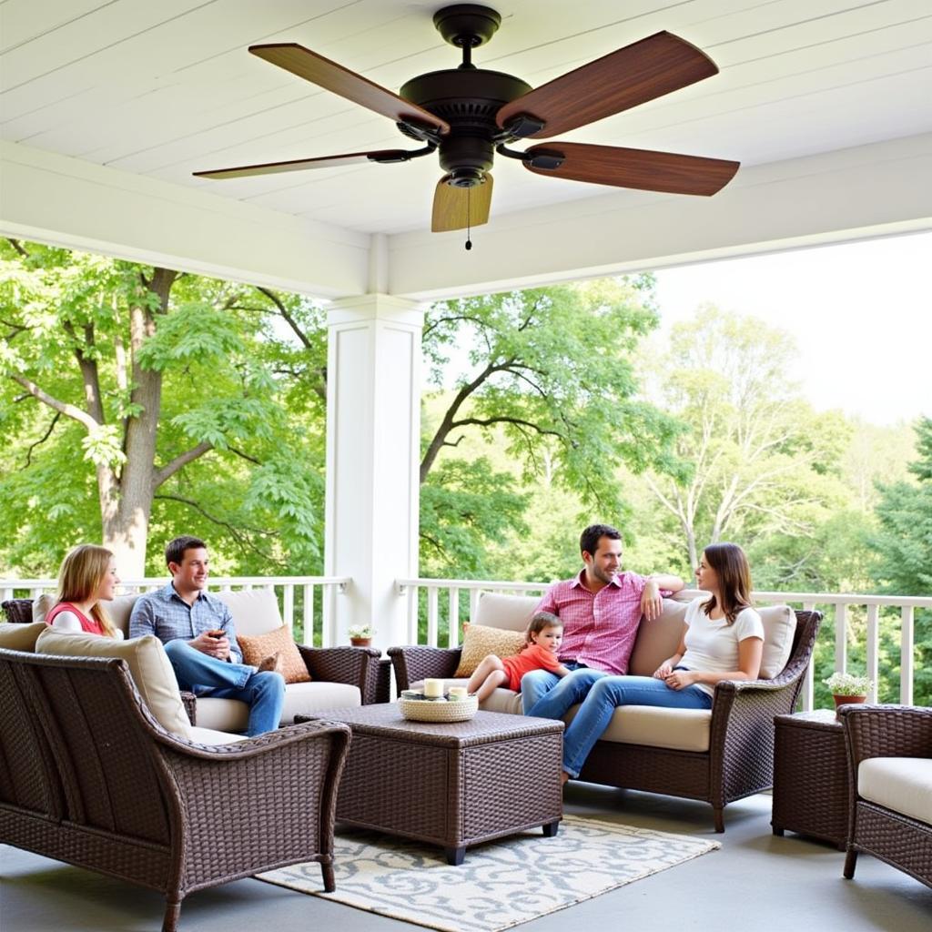 Outdoor Hugger Fan Benefits: Showing a family enjoying a cool breeze on their patio with a hugger fan installed.