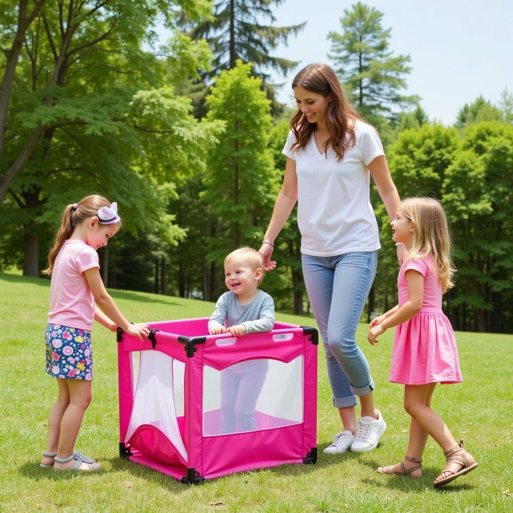 Family using a pink pack and play while traveling.