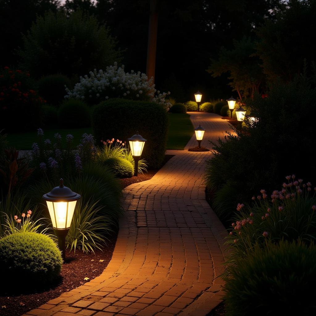 Path lights illuminating a garden pathway at night