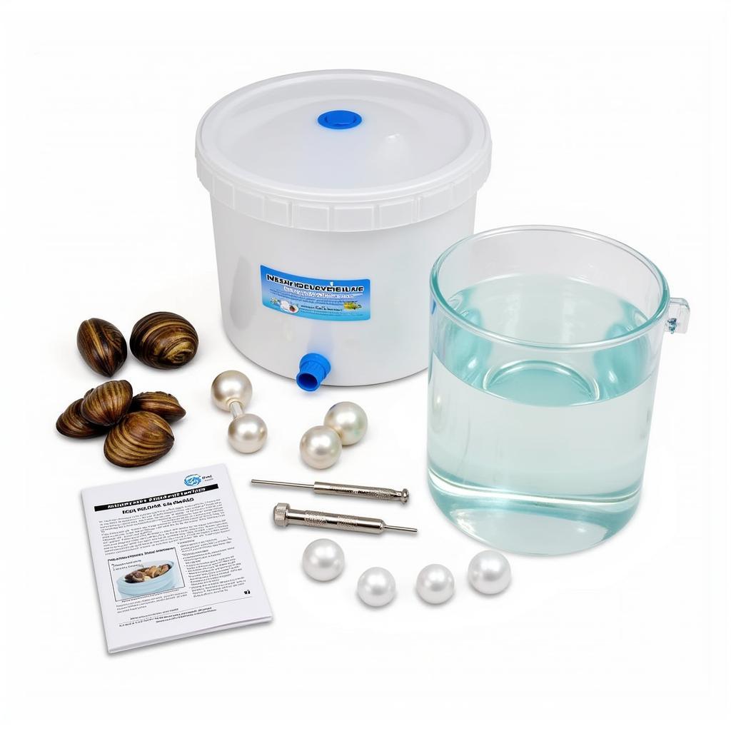 Pearl Farming Kit Contents: Mussels, tank, tools, and instructions.