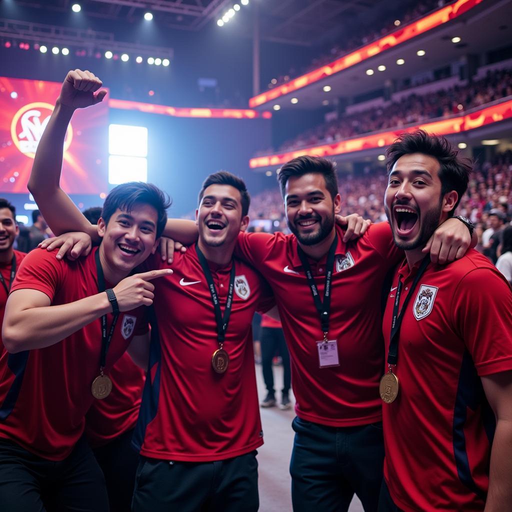 Peruvian League of Legends players celebrating a championship victory