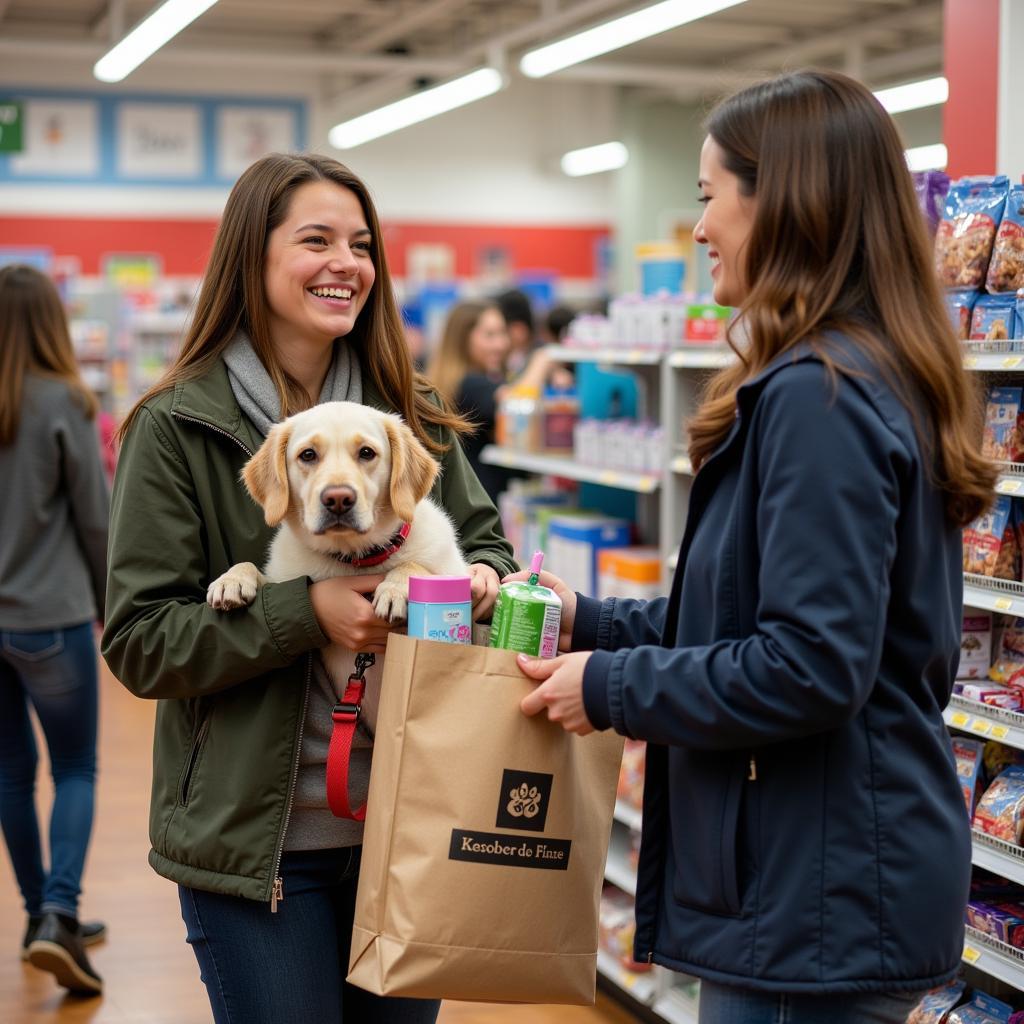 A happy pet owner receiving a bag of free pet supplies