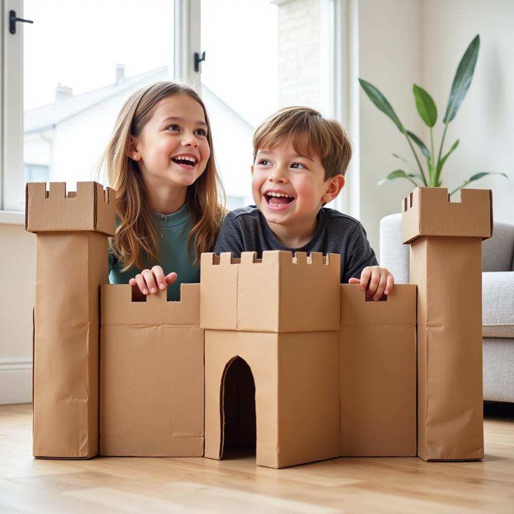 Kids Building a Pizza Box Castle Fort