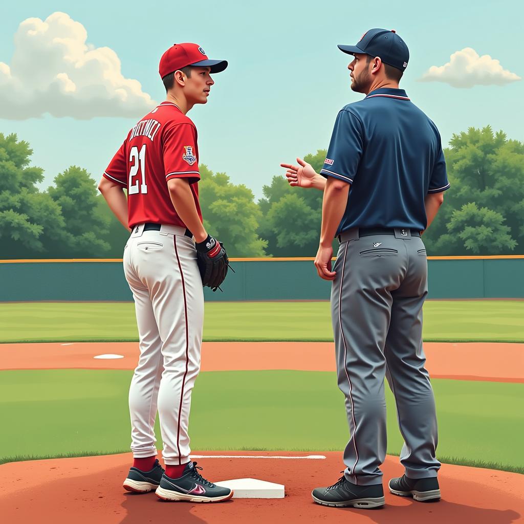 A baseball player standing on first base