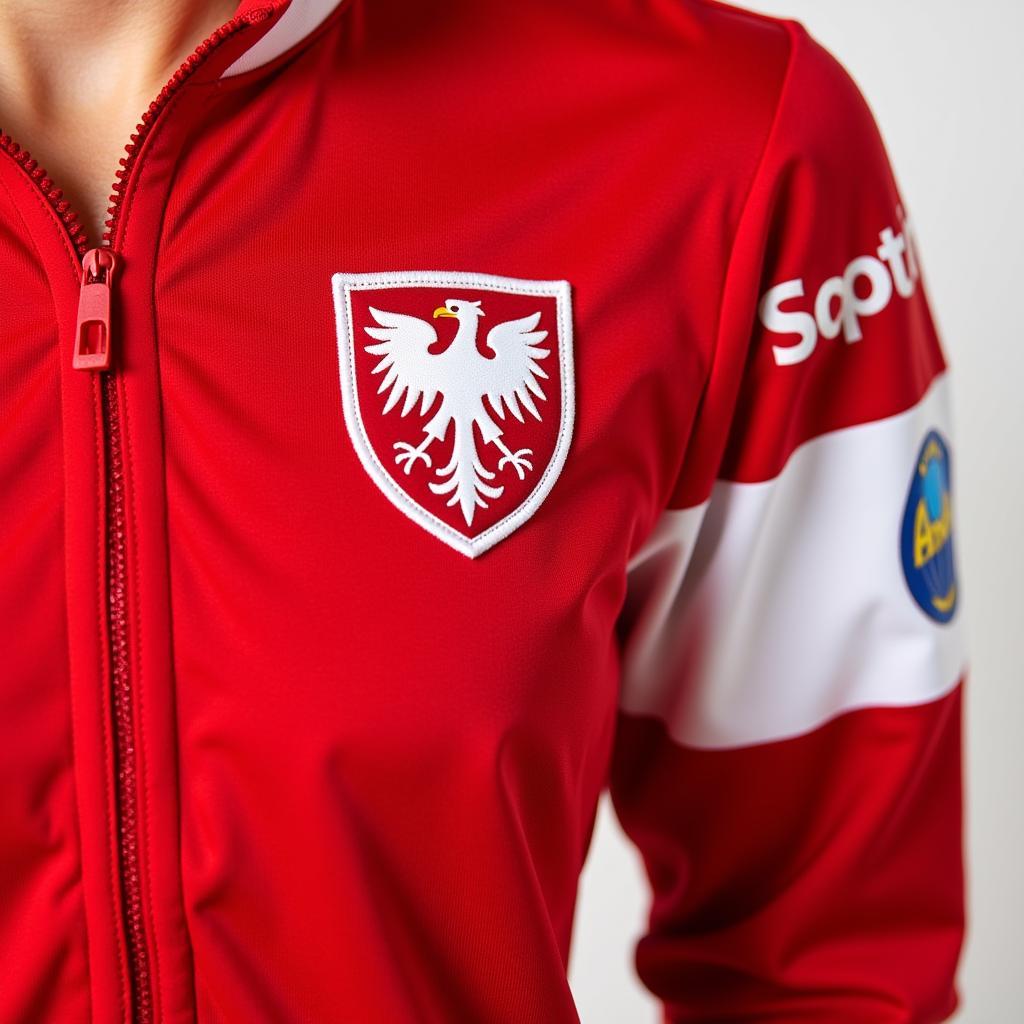 Poland Soccer Jacket Design Elements: Close-up showcasing the embroidered eagle emblem, vibrant red and white colors, and sponsor logos on an official team jacket.