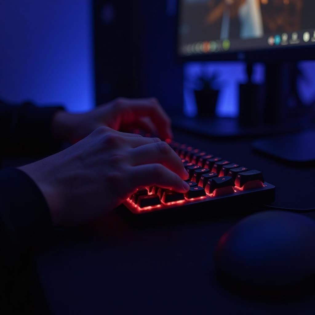 Gamer using a pop it keyboard during an intense gaming session