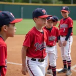 Youth baseball players competing in a Pri Baseball game