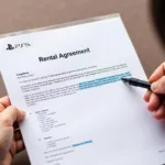 Reading a PS5 Lease Agreement: A person carefully reviewing the terms and conditions of a PS5 lease agreement, highlighting important clauses and details.