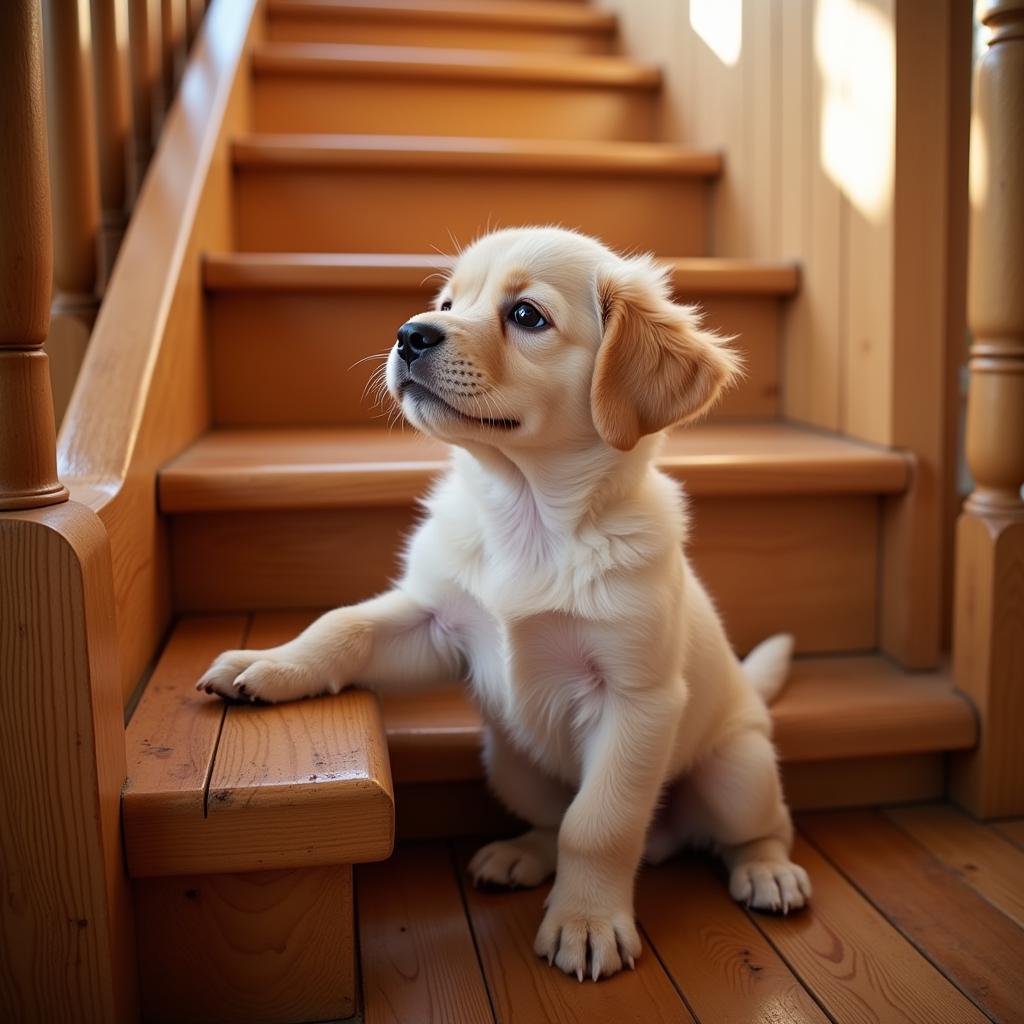 A small puppy struggling to climb a flight of stairs.