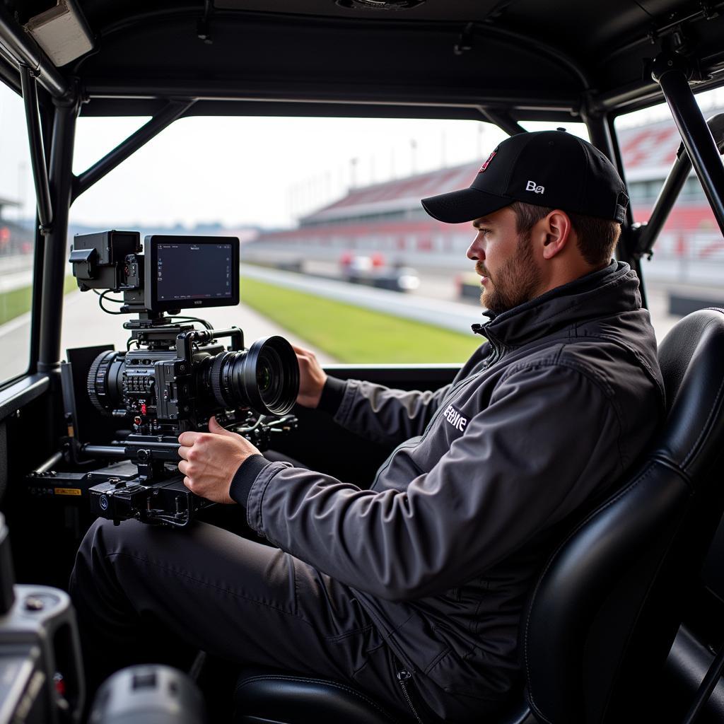 Camera operator inside a race car capturing live footage