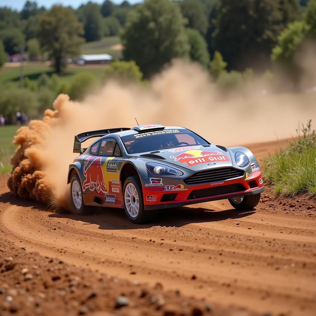 Rally car RC demonstrating drifting techniques on a dirt track