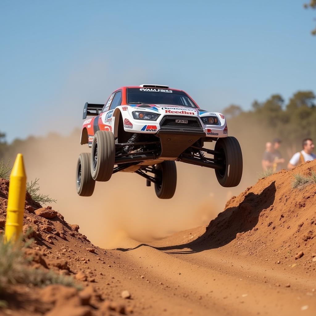 Rally car RC jumping over a ramp on a dirt track