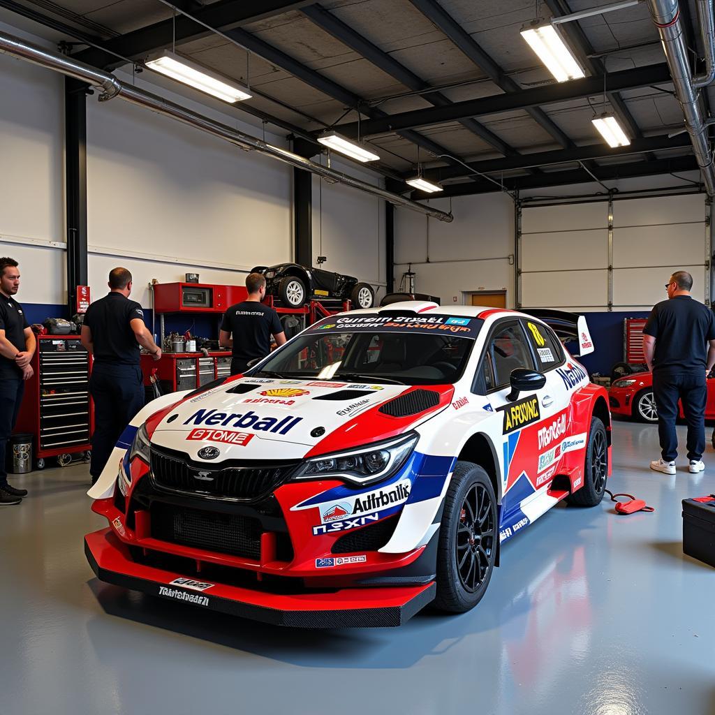 Rally Car Undergoing Service in a Dedicated Bay