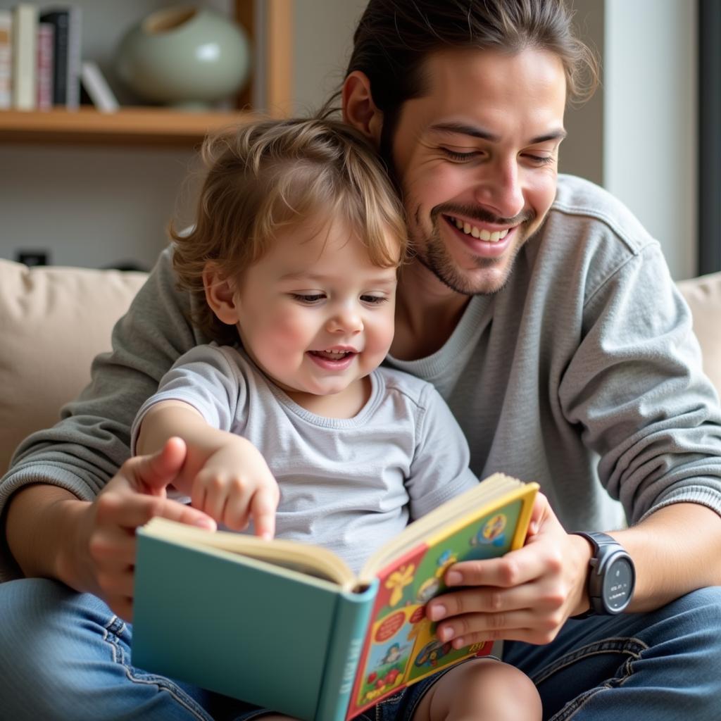 Parent reading to child.