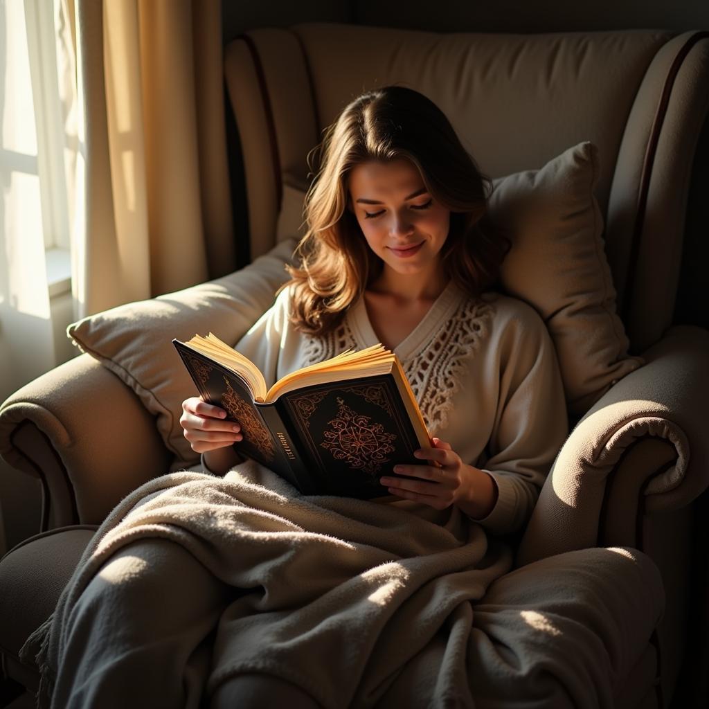 A person engrossed in reading a magic book in a cozy nook