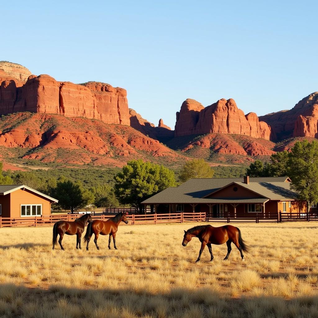 Red Rock Stables: A picturesque landscape with horses grazing near red rock formations