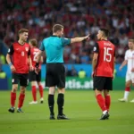 Referee Signaling a Handball Penalty in Soccer