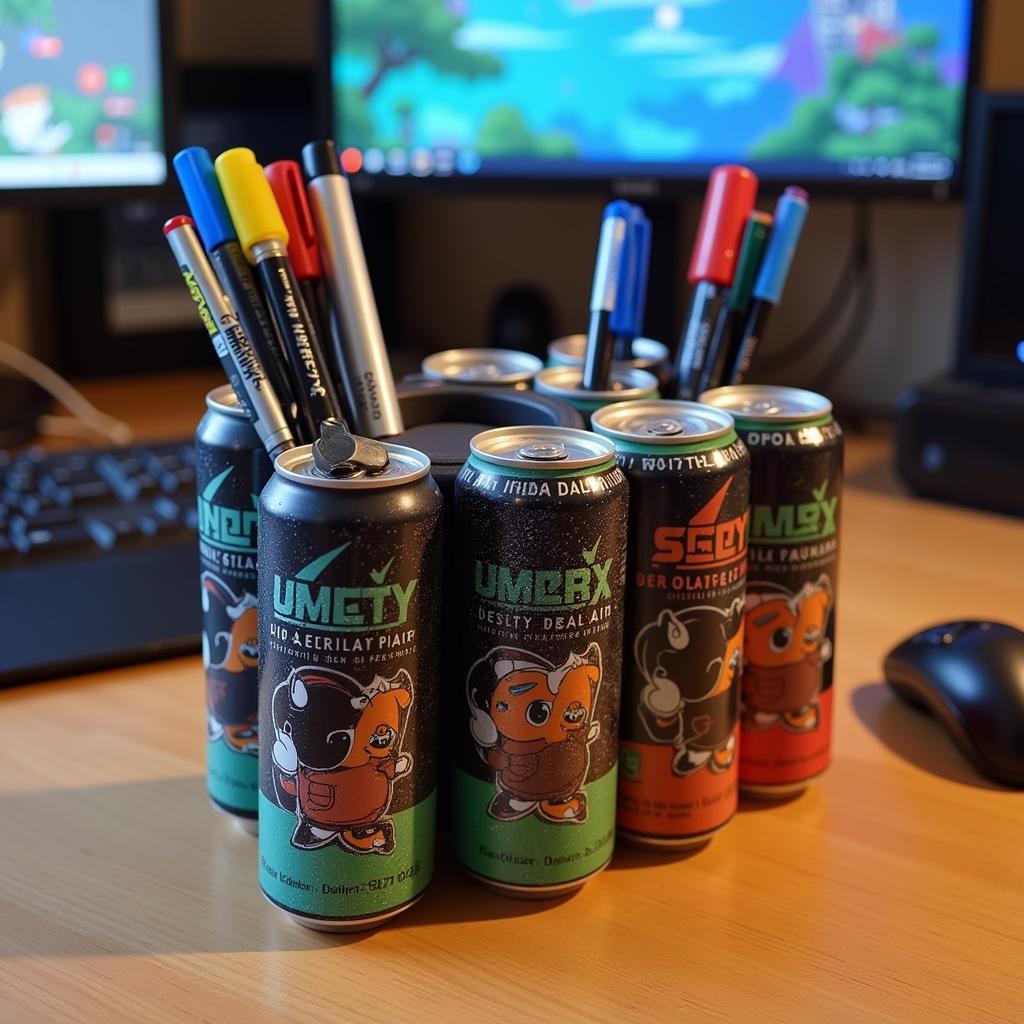 Repurposed Gamer Cans as Desk Organizer