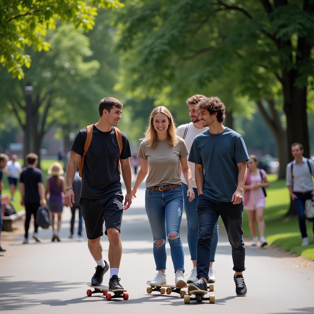 Group of skaters respectfully sharing a public space