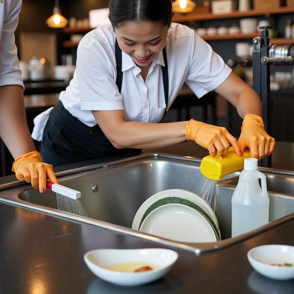 Restaurant Staff Cleaning Dish Bin Properly