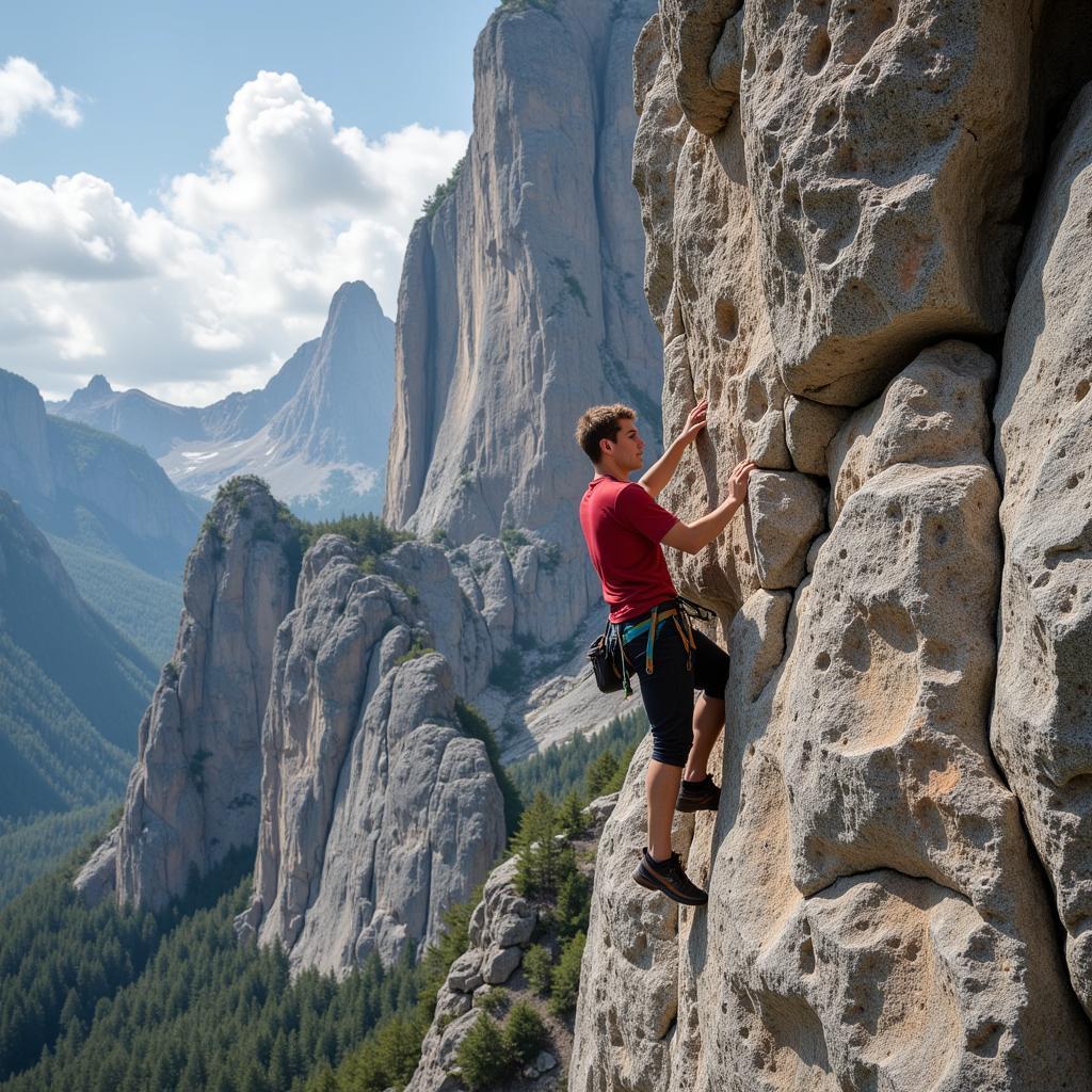 Rock climber ascending a challenging route