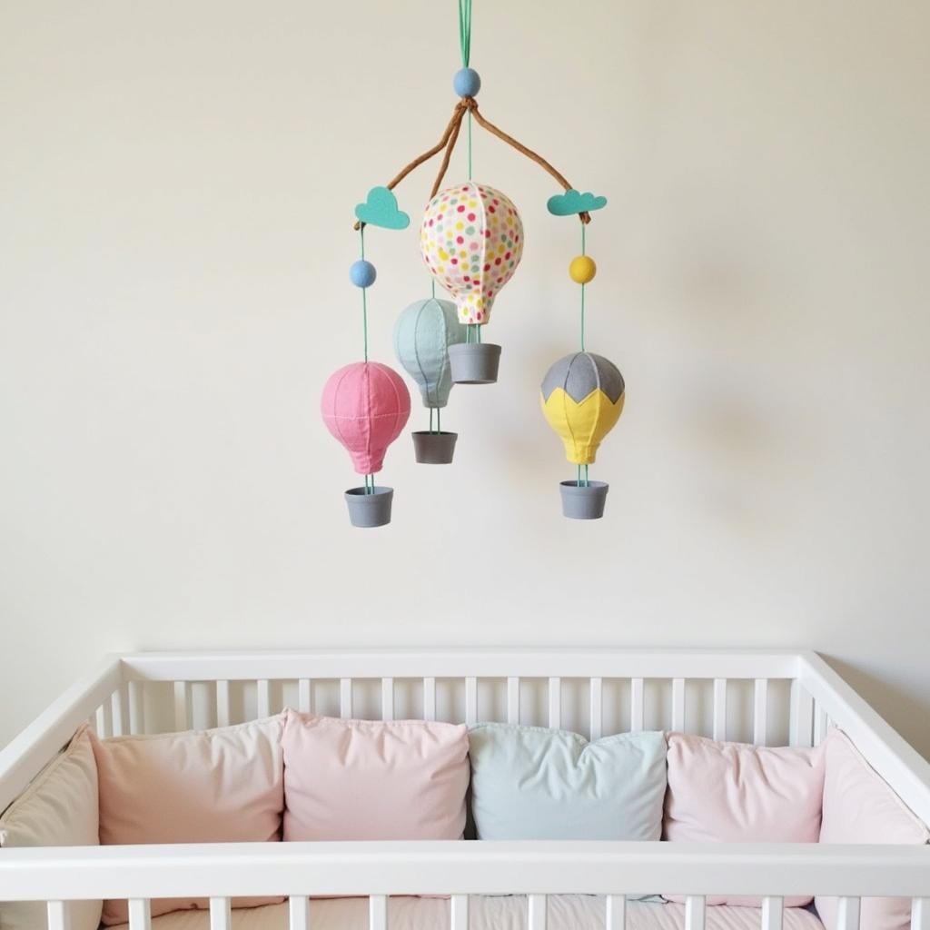 A securely fastened hot air balloon mobile made of felt hanging above a crib