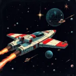 Sci-Fi Classic Game Innovation: A spaceship navigates a vast, star-filled expanse. The HUD displays complex controls and information, showcasing the game's innovative mechanics.