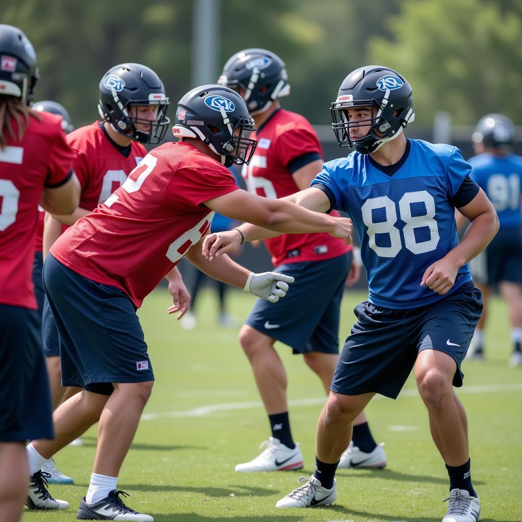 Football players wearing scrimmage jerseys during practice