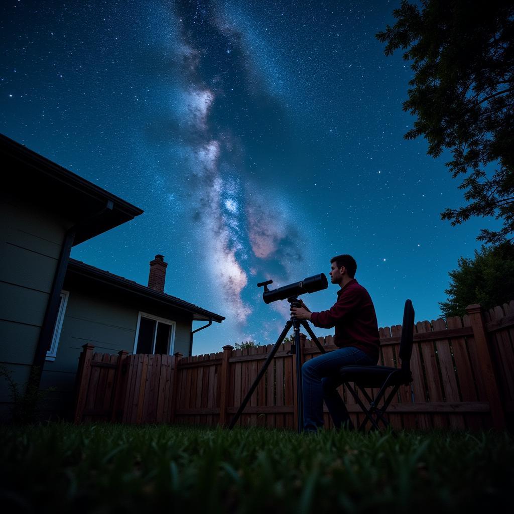 Setting up a new telescope in a backyard under a starry night sky